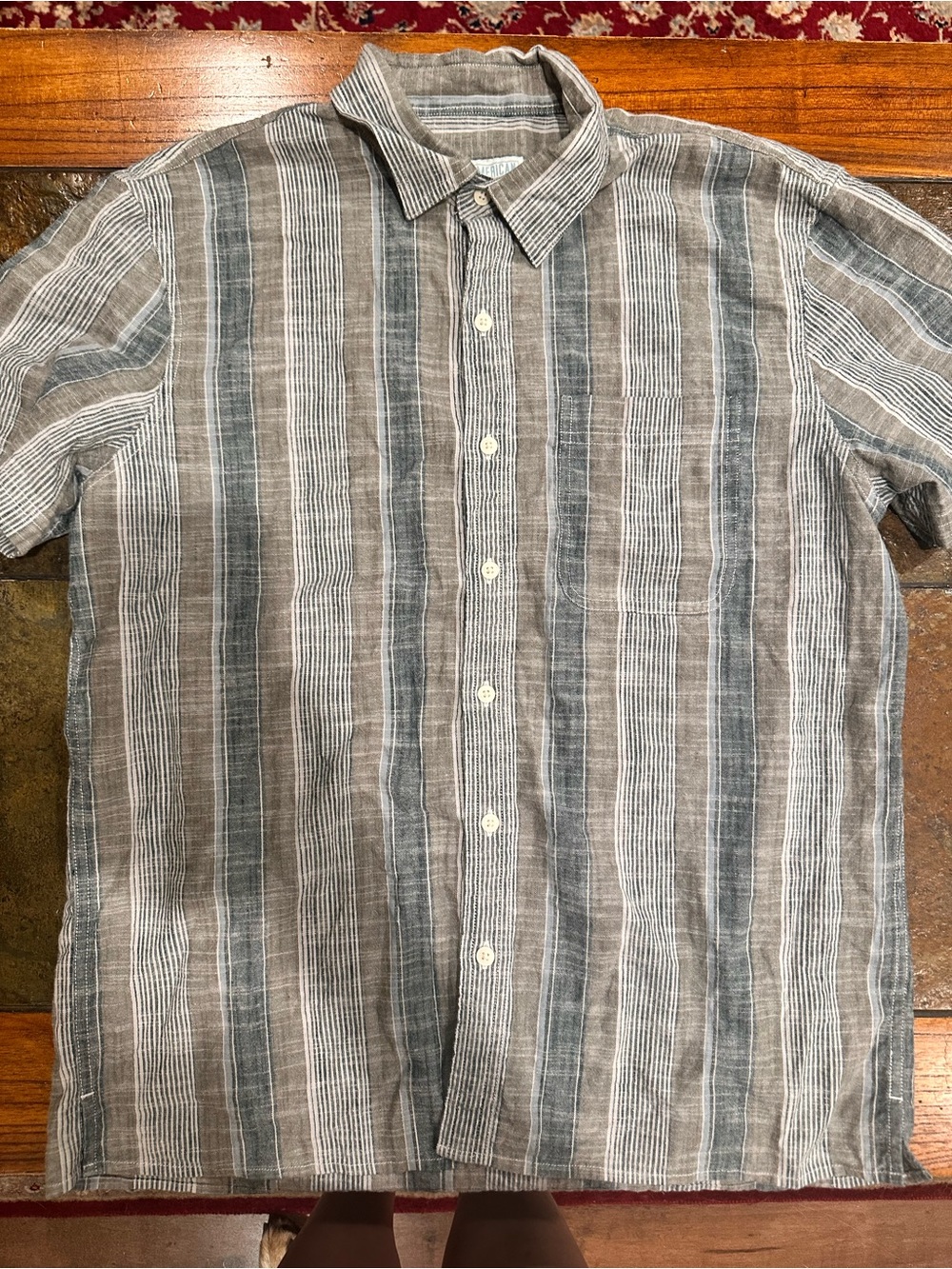 American Eagle Outfitters Striped Short Sleeve Button-Up in Brown & Gray